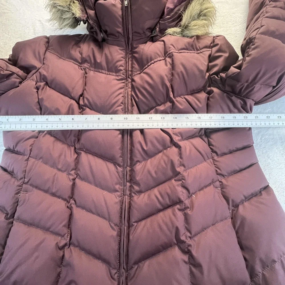 Lands End Youth Girls Down Puffer Jacket Sz L Maroon Fur Trim Hood Zip Pockets